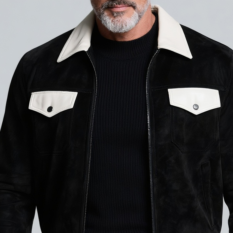 Men's Colorblock Faux Suede Lapel Chest Pocket Bike Jacket MTA0262H9Z