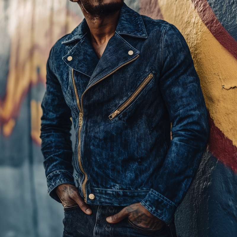 Men's Retro Casual Denim Washed Distressed Zipper Biker Jacket MTA2917H2TO