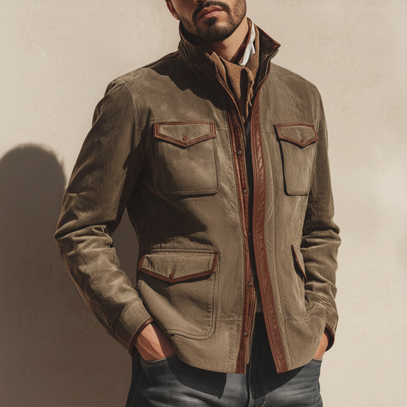 Men's Urban Stand Collar Suede And PU Leather Jacket MTA2578K3U