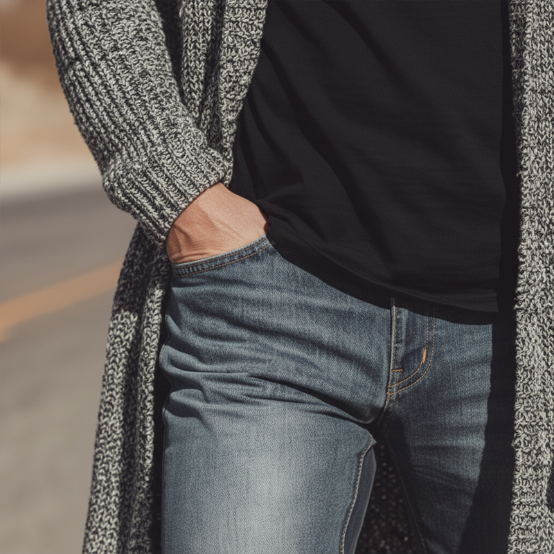 Men's Autumn And Winter Fashion Mixed Color Cotton Yarn Knitted Mid-length Cardigan MTA2355I5P