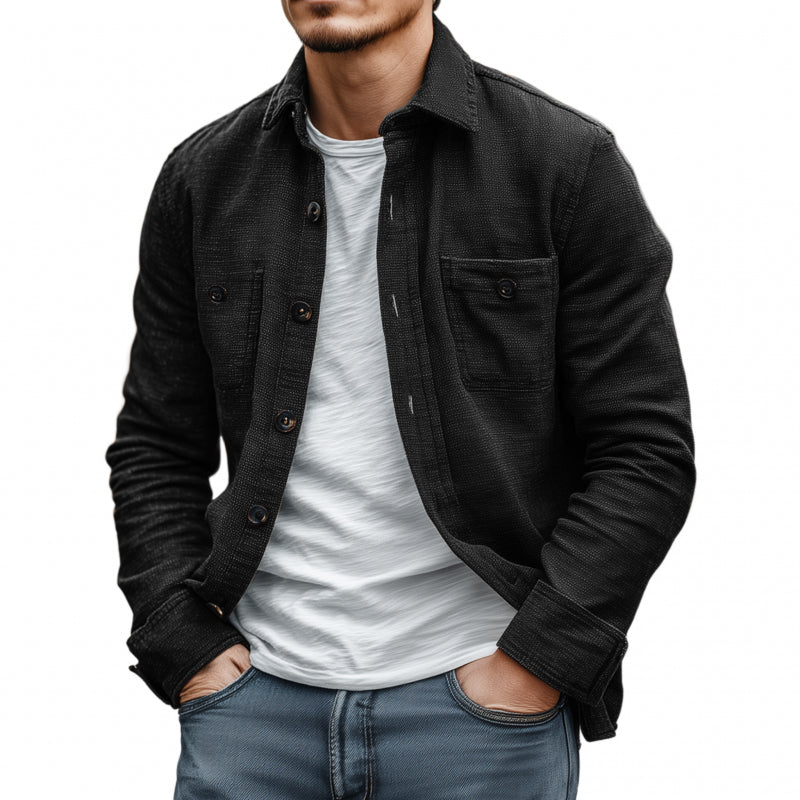 Men's Casual Solid Color Breathable Cotton Blended Lapel Chest Pocket Loose Long Sleeve Shirt MTA1756G6M