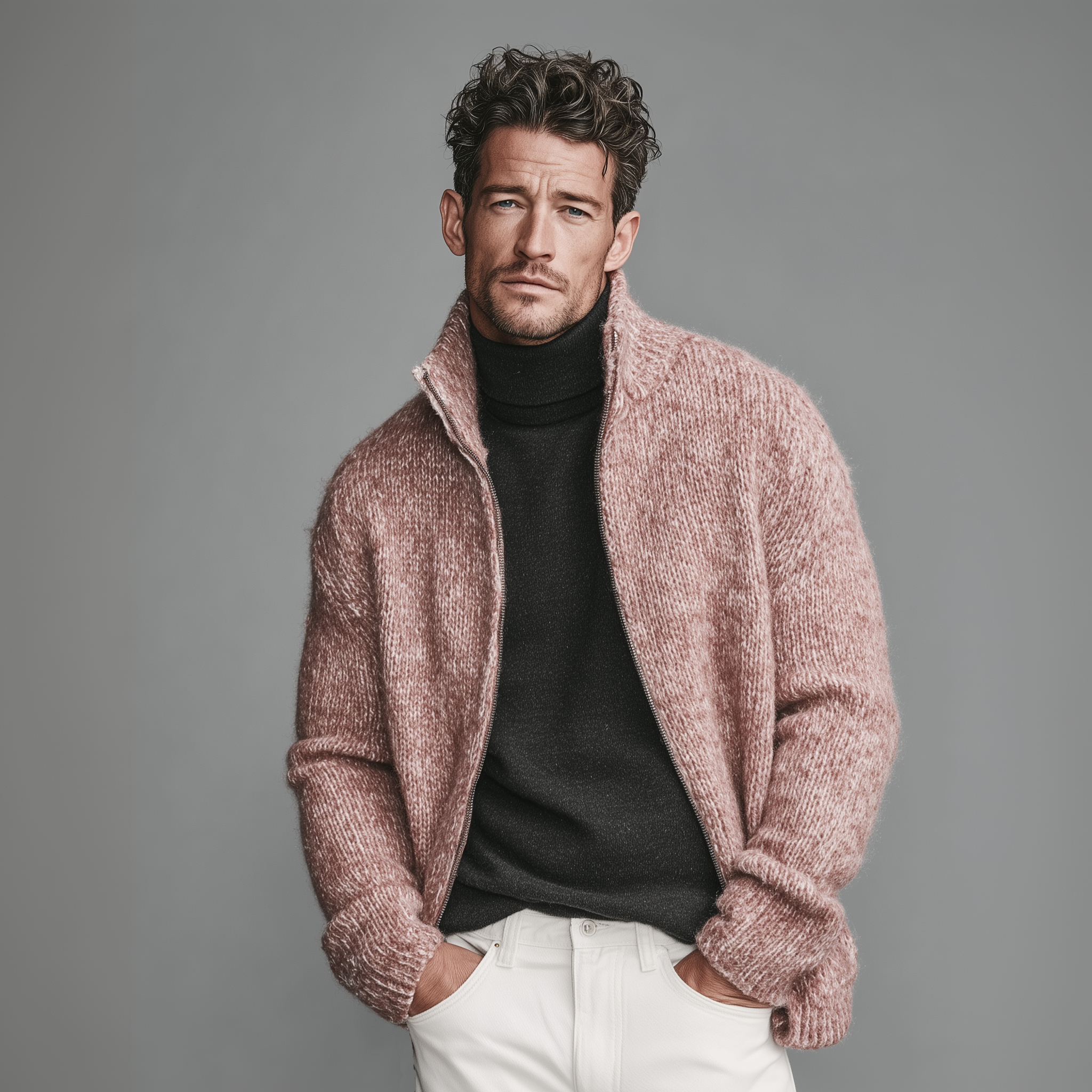 Men's Classic Casual Pink Stand Collar Zipper Knitted Cardigan MTA1808I6K