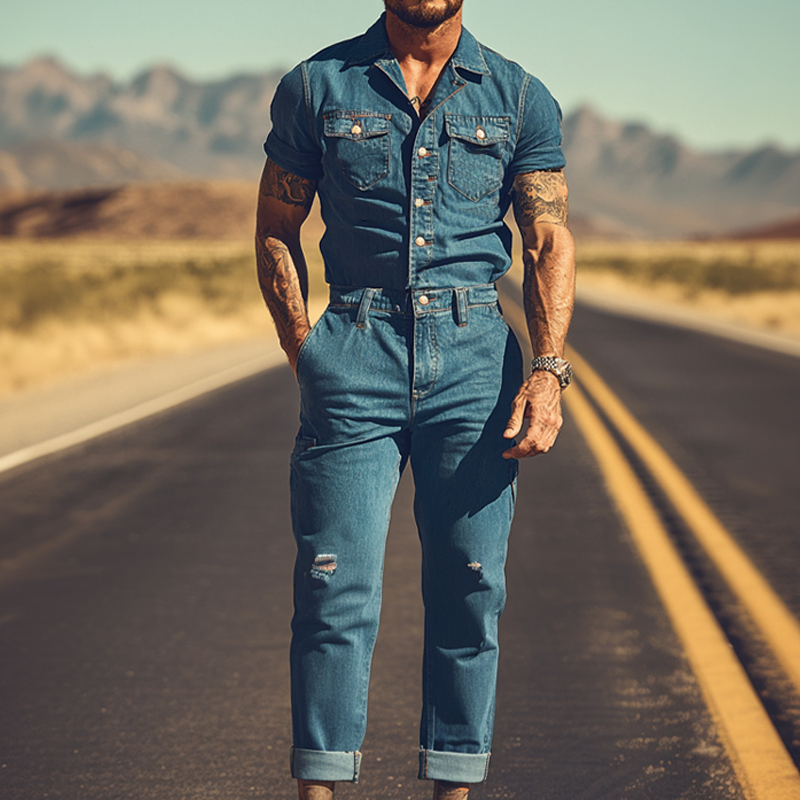 Men's Summer Fashion Retro Western Cowboy Style Denim Jumpsuit MTA2827D3K