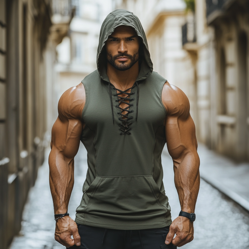 Men's Casual Breathable Cotton Lace-up V-neck Kangaroo Pocket Hooded Slim Tank Top MTA2959D2M