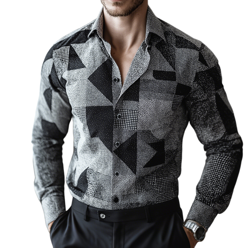 Men's Retro Casual Geometric Cycle Print Lapel Long Sleeve Shirt MTA2847G2TO