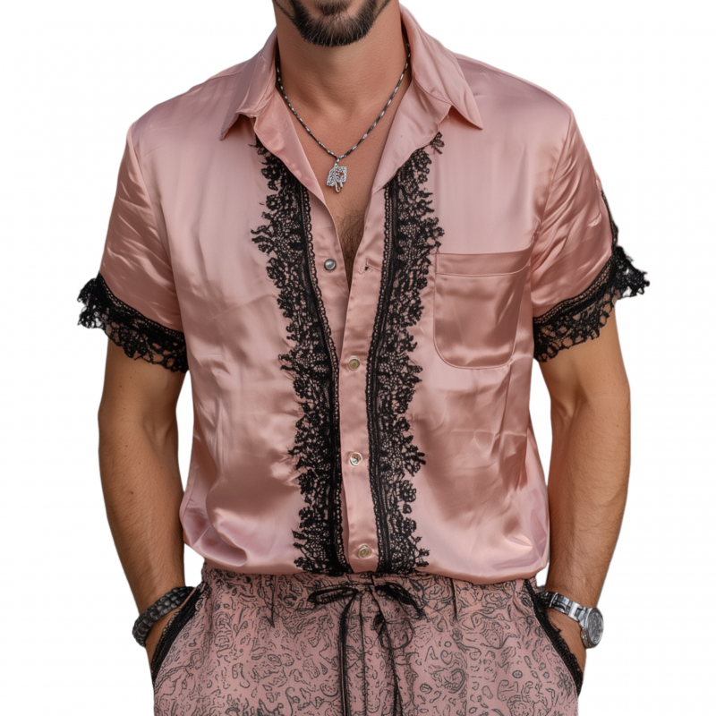 Men's Vintage Elegant Satin Lace Colorblock Patchwork Lapel Patch Pocket Slim Fit Short Sleeve Shirt  MTA1560G8M