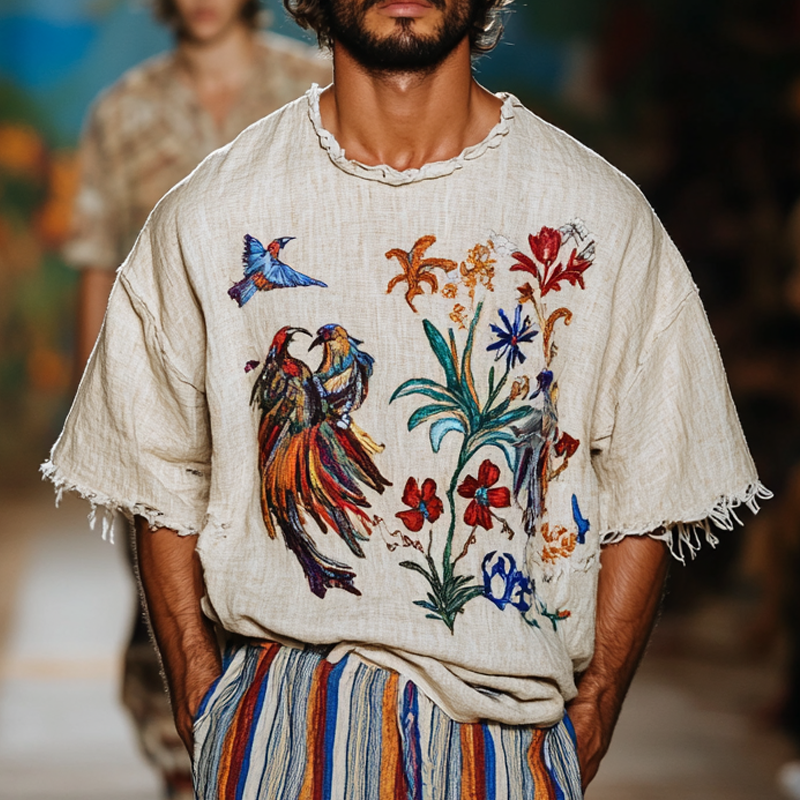 Men's Fashion Embroidered Round Neck Short Sleeve Cotton And Linen T-shirt MTA1478E7Z
