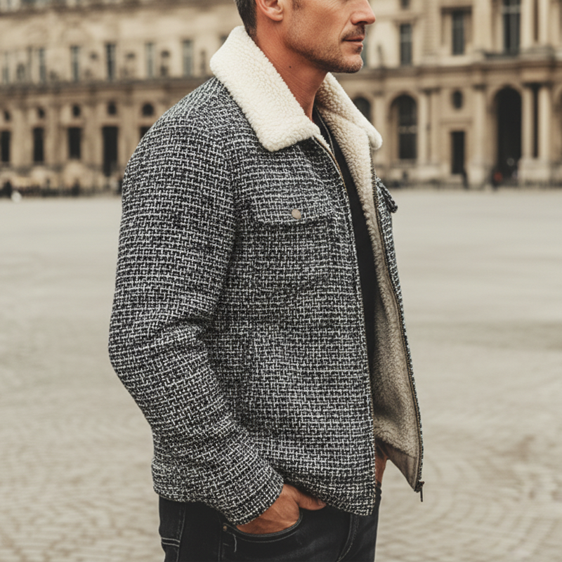 Men's Classic Tweed Warm Faux Lambswool Lined Zip-Up Jacket MTA1328K9U