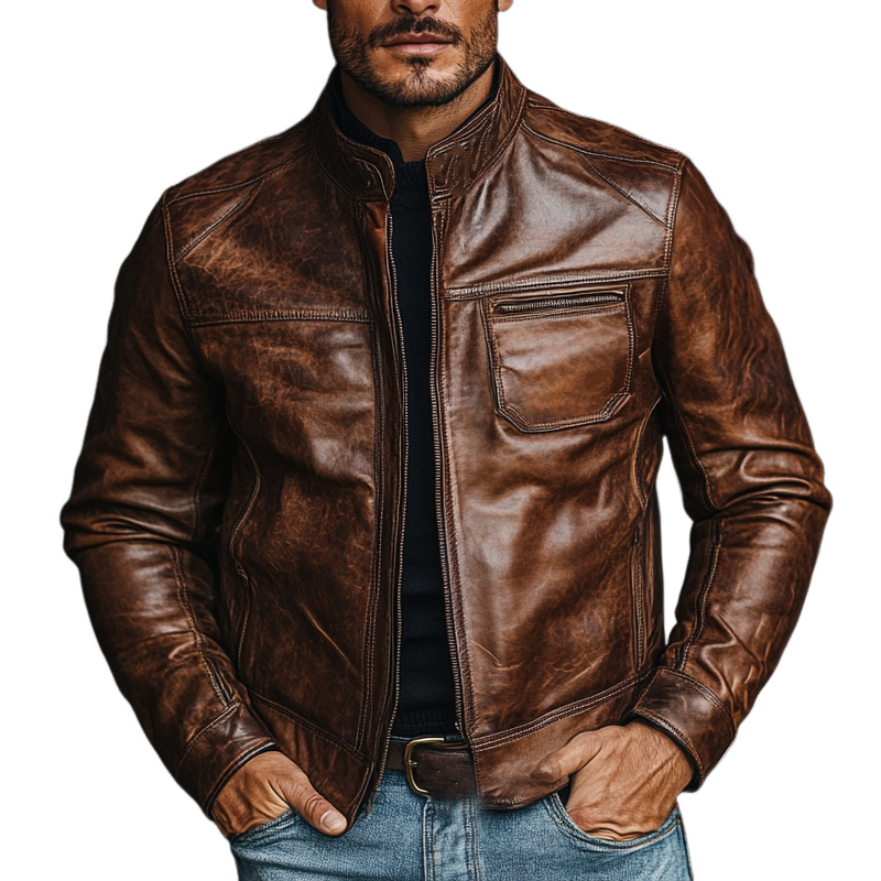 Men's Vintage Distressed Multi-pocket Stand Collar PU Jacket MTA0143I6X