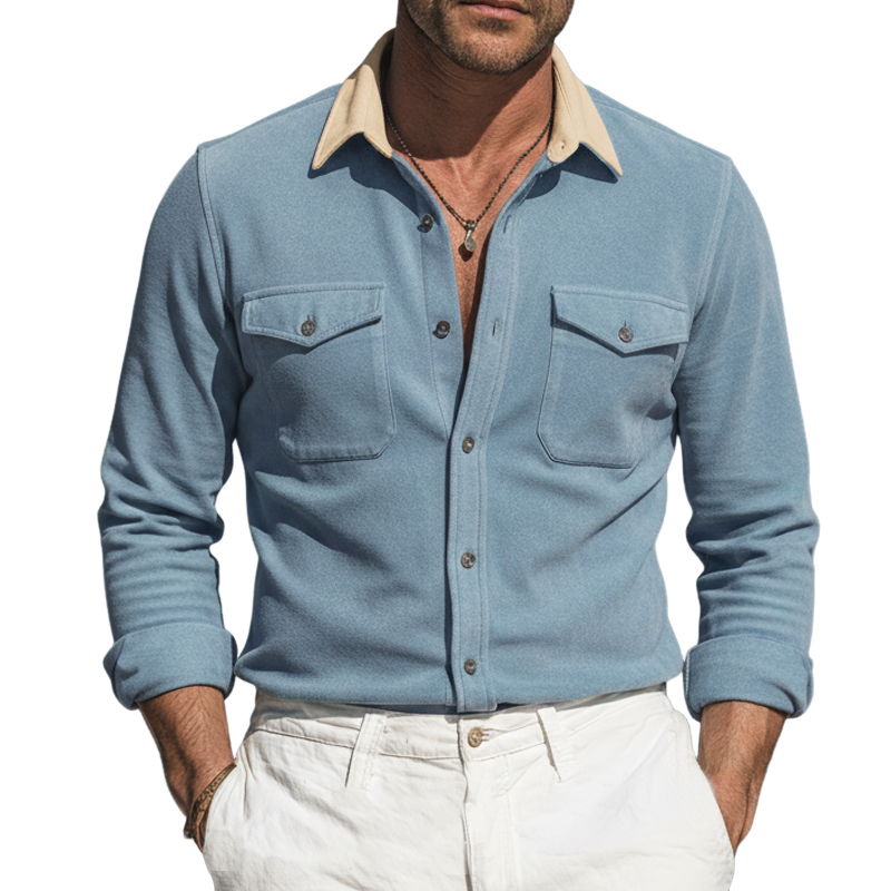 Men's Classic Sky Blue Faux Suede Color-blocked Collar Long-sleeved Shirt MTZ2869A1U