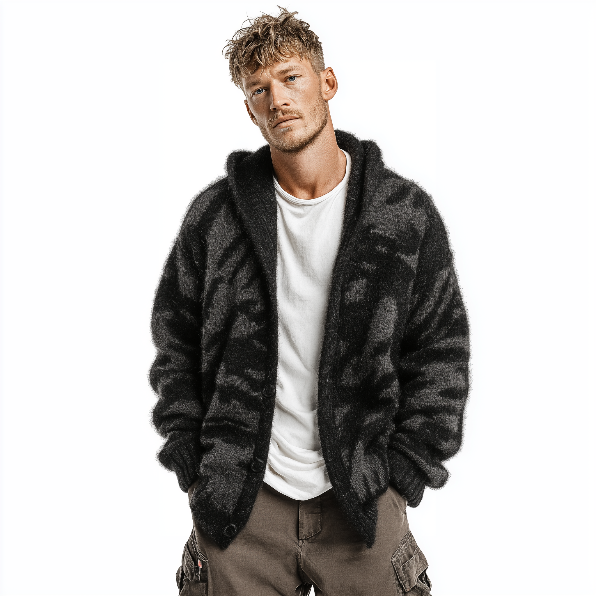 Men's Casual Fashionable Hooded Zebra Print Knitted Cardigan MTA1726J2K