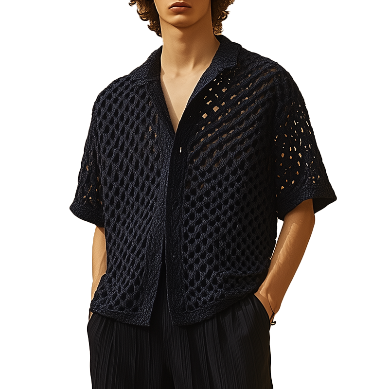 Men's Summer Fashion Crochet Hollow Short Sleeve Shirt MTA3009F5P