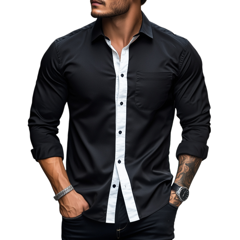 Men's Retro Colorblock Casual Pocket Lapel Long Sleeve Shirt 01925052TO