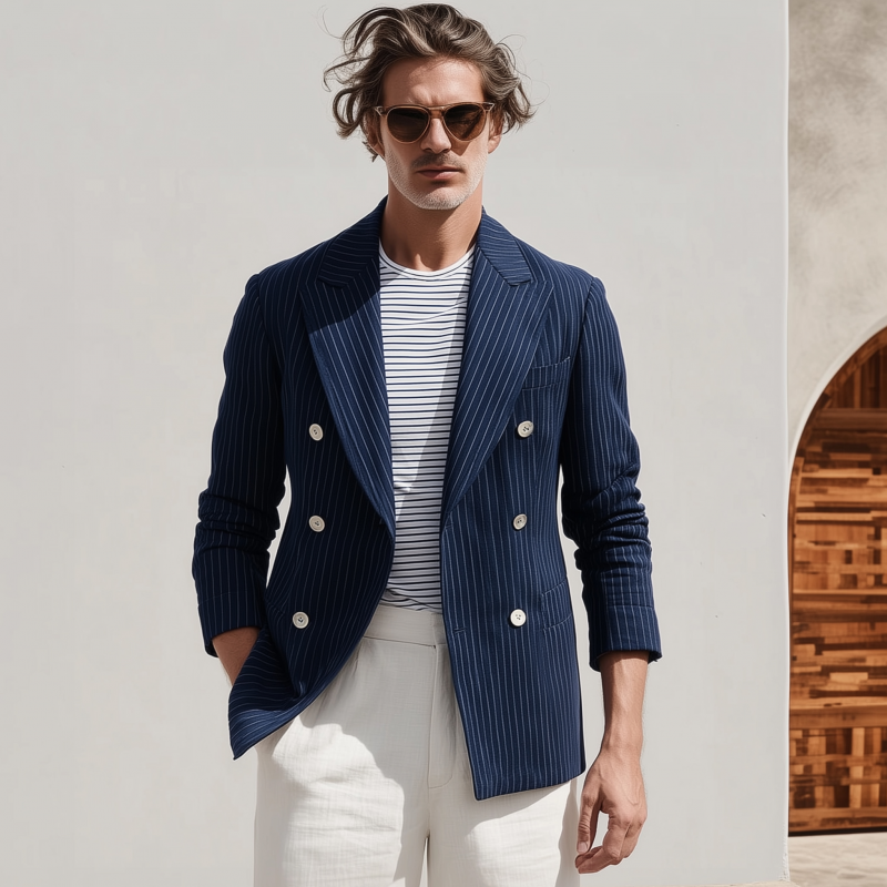 Men's Stylish Cotton Blend Striped Notch Lapel Double-breasted Slim-fit Blazer MTA1905G2M