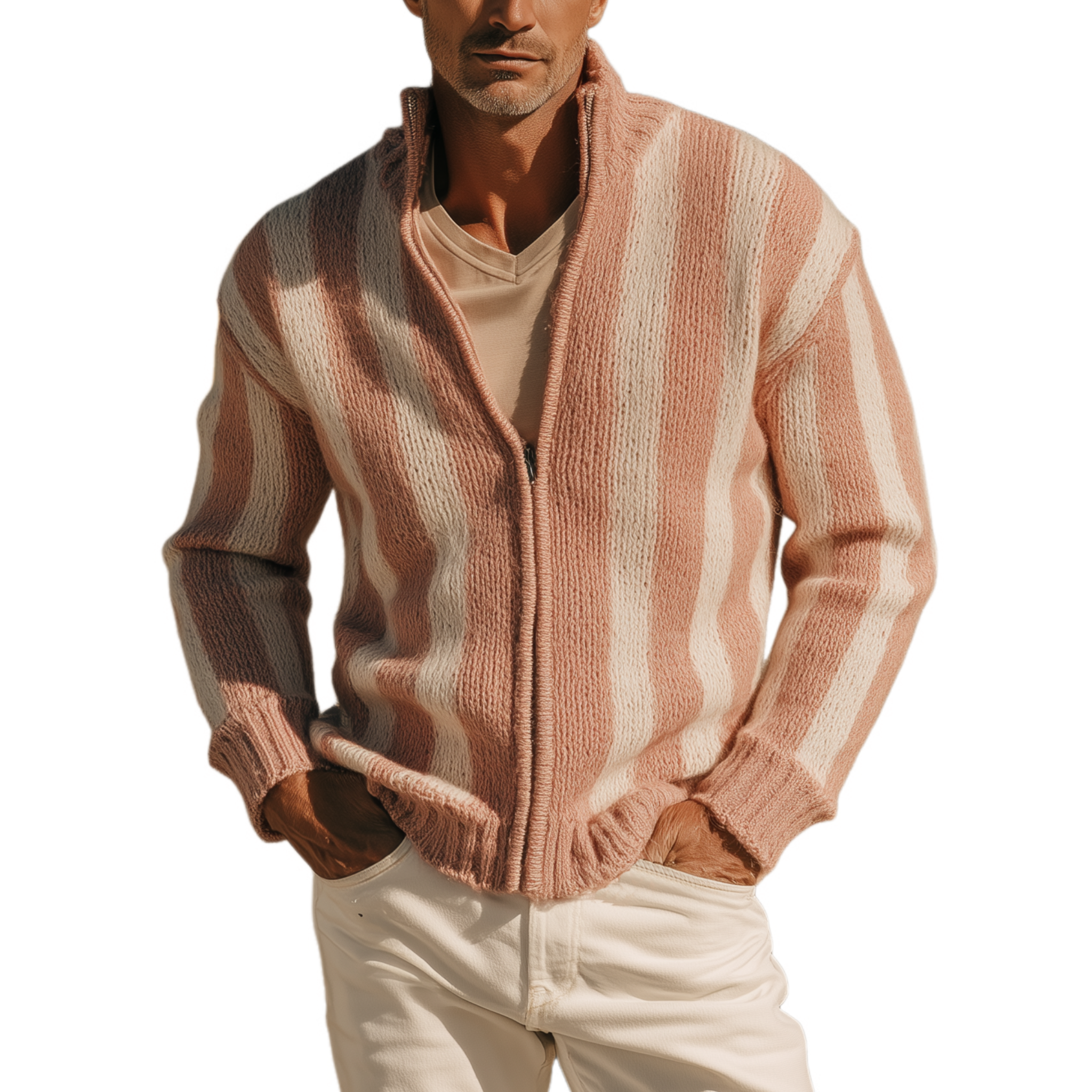 Men's Classic Casual Western Tough Style Stand Collar Zipper Striped Knitted Cardigan MTA0854I7K