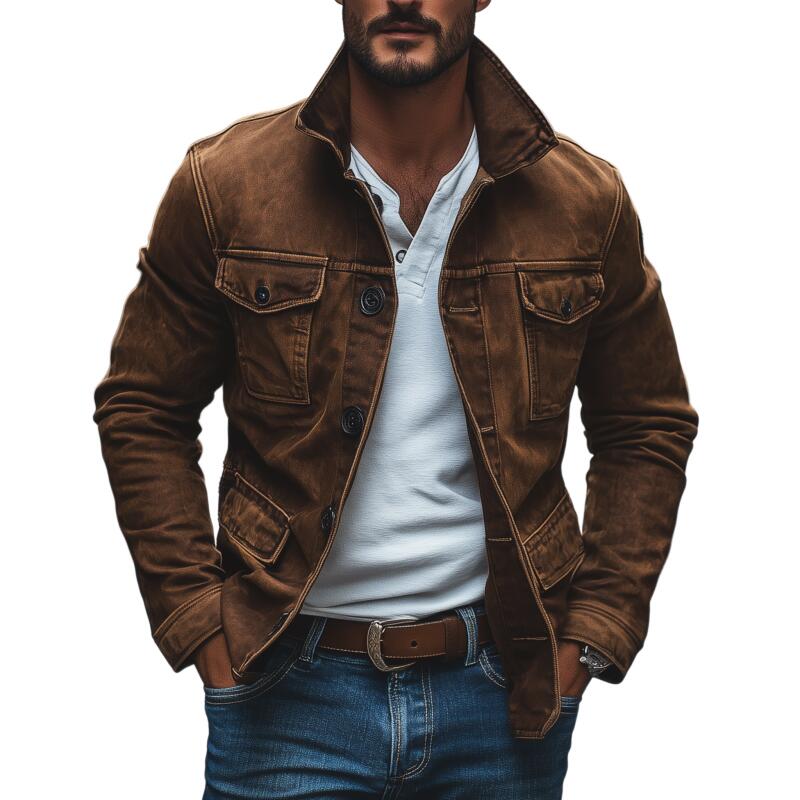 Men's Vintage Washed Distressed Denim Lapel Single-breasted Multi-pocket Caogo Jacket MTA2150H2M