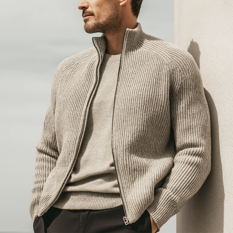 Men's Business Casual Stand-collar Striped Textured Zip-up Knit Cardigan MTA2692K4U