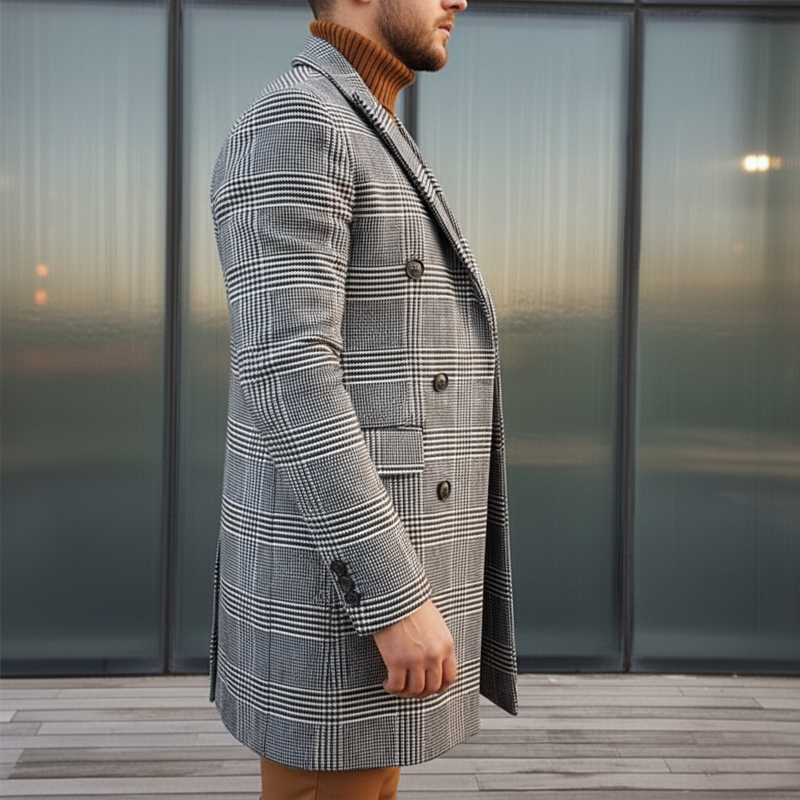 Men's Business Plaid Faux Wool Double-breasted Mid-length Coat MTA1617L1U