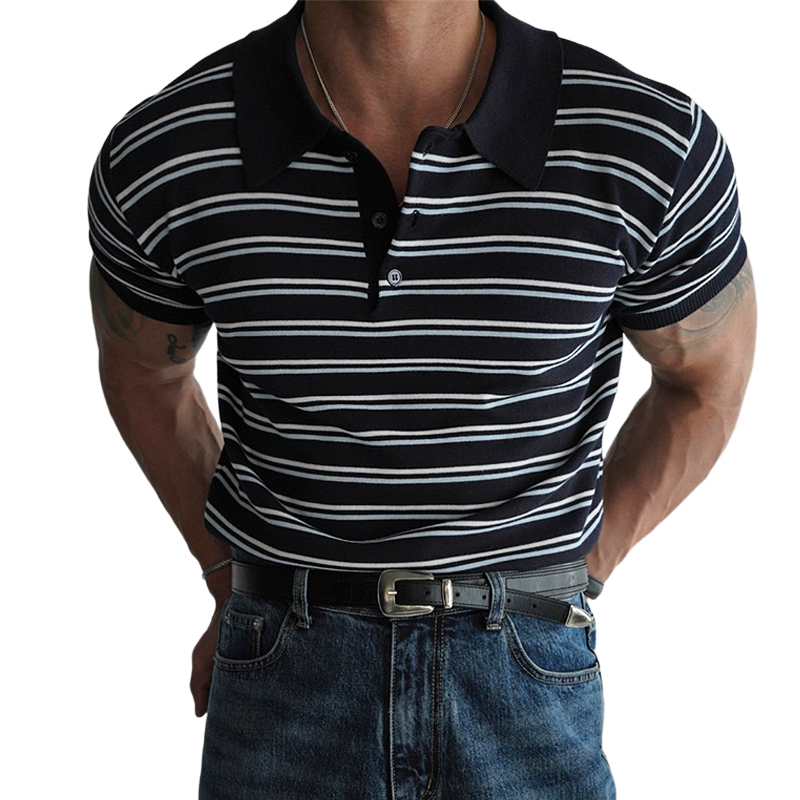 Men's Fashion Striped Lapel Short Sleeve Polo Shirt MTA1615E1Z