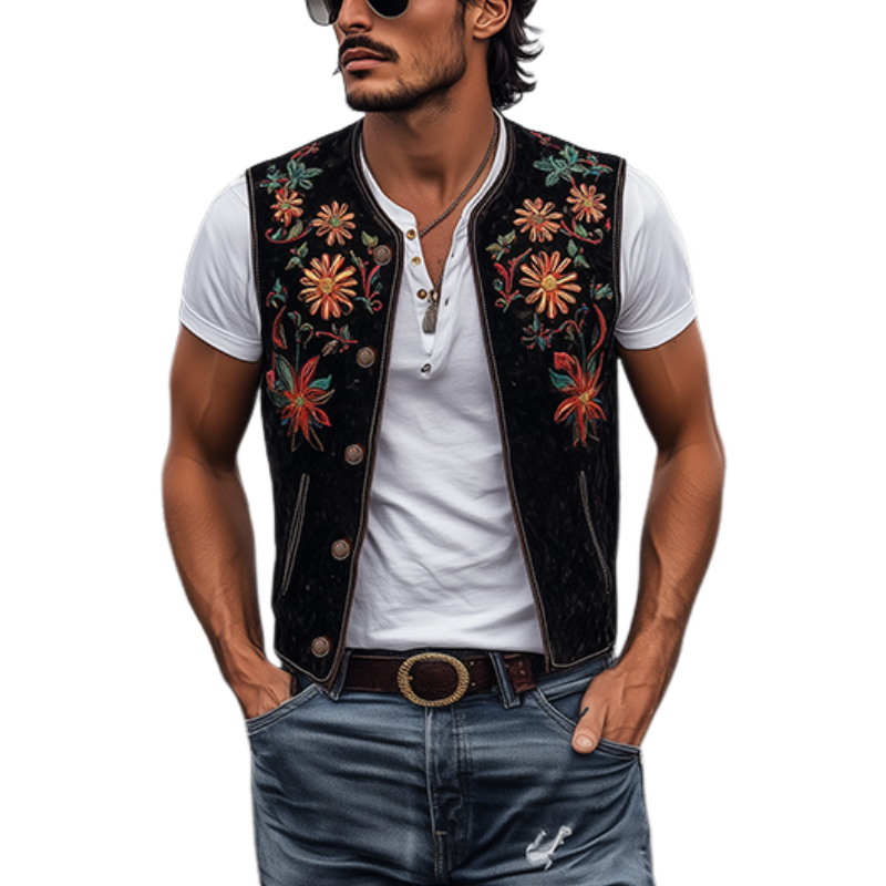 Klassisk retro vestlig cowboy-stil for menn, brodert semsket skinnvest 02667897K