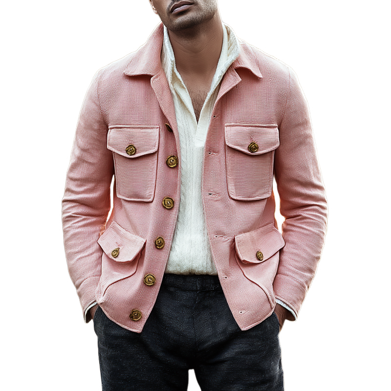 Men's Solid Waffle Lapel Single Breasted Multi-pocket Jacket MTA0362I7Z