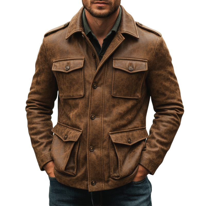 Men's Vintage Distressed PU Leather Button Jacket MTA1227K4U