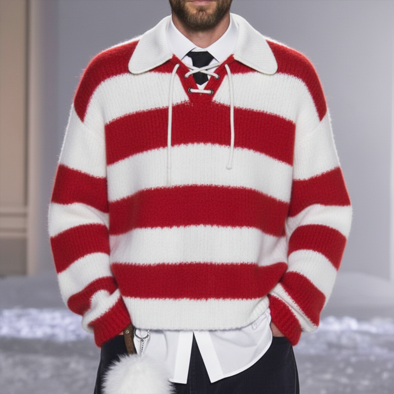 Men's Fashion Color Block Striped Tie-Neck Casual Knit Sweater MTA1068K7U