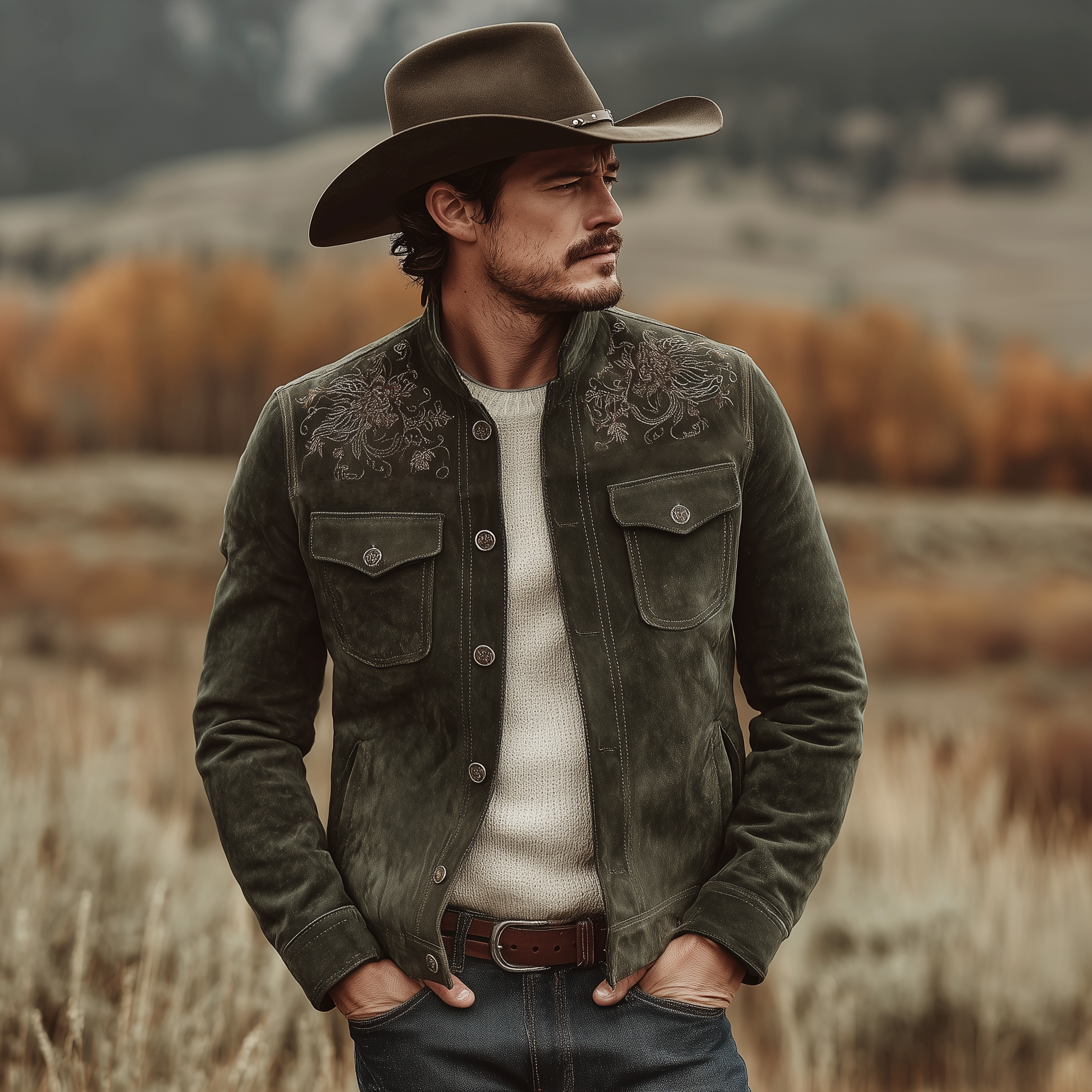 Men's Classic Retro Western Style Embroidered Stand-up Collar Faux Suede Jacket MTA2426K5K