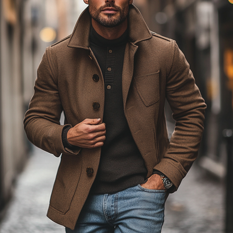 Men's Solid Color Imitation Wool Blend Lapel Single-breasted Jacket MTA2848I2X