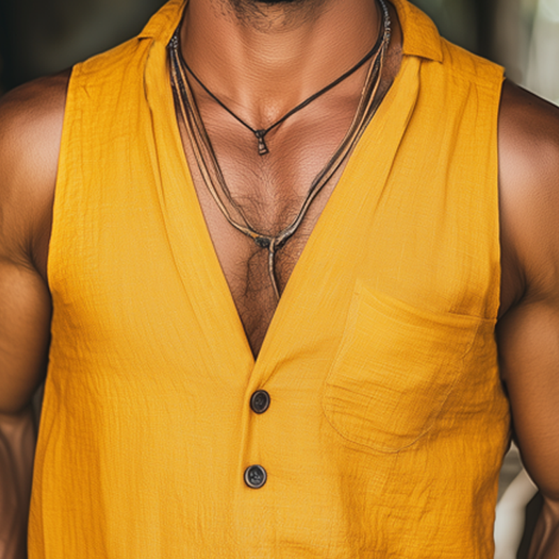 Men's Summer Deep V Neck Cotton And Linen Tank Top MTA0653F3U