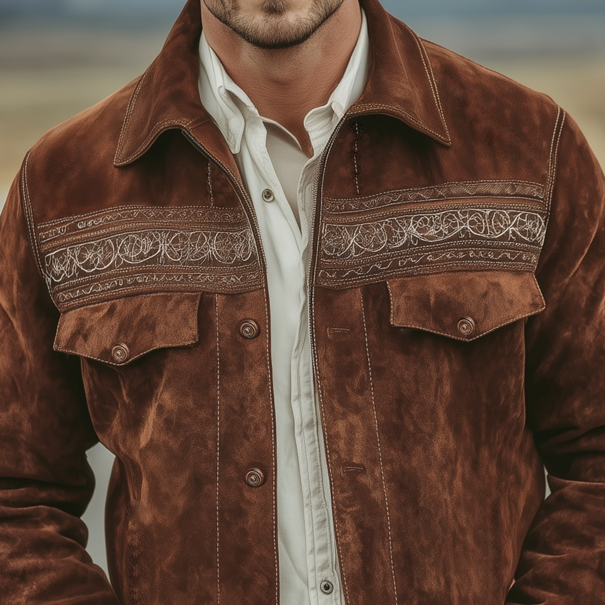 Men's Classic Retro Western Style Embroidered Lapel Faux Suede Jacket MTA2414K4K