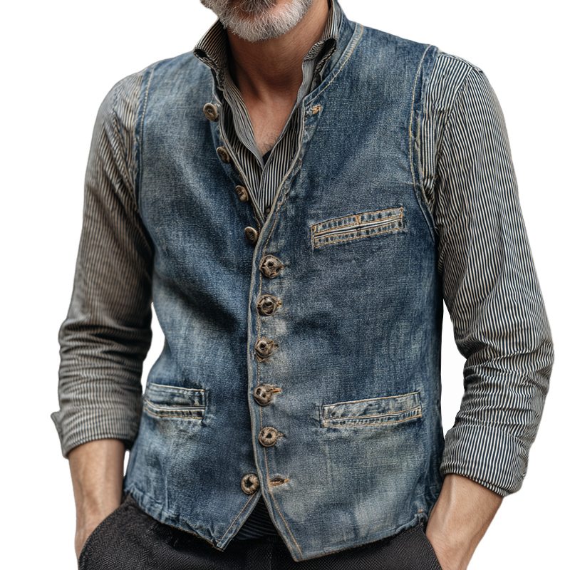 Men's Vintage Washed Denim Round Neck Single Breasted Multi-pocket Vest MTA1845H1Z
