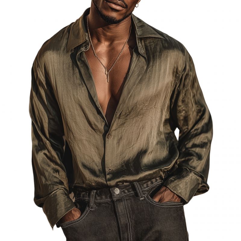 Men's Vintage Elegant Solid Color Tencel Blended Lapel Loose Long Sleeve Shirt MTA1900G2M