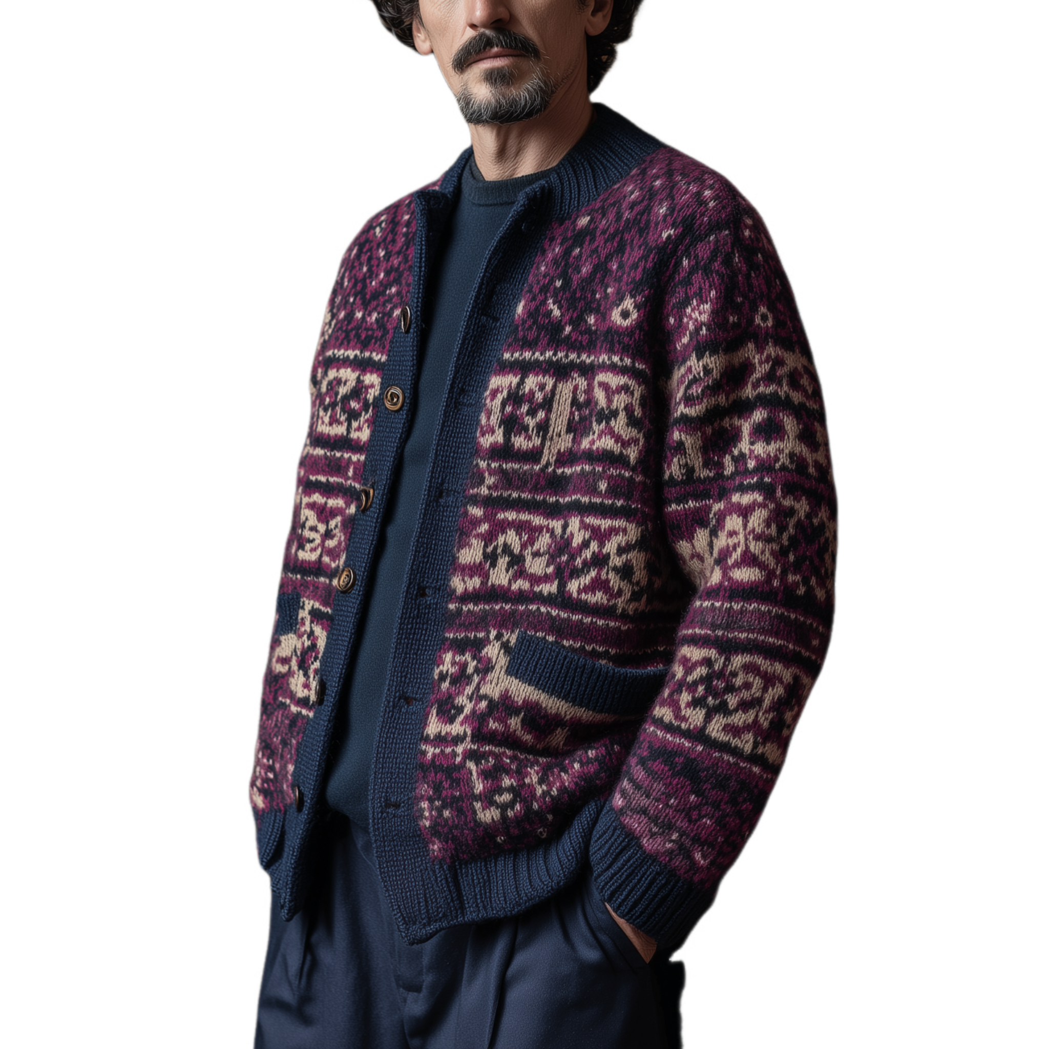 Men's Classic American Retro Stand Collar Contrast Jacquard Knit Cardigan MTA0400I4K