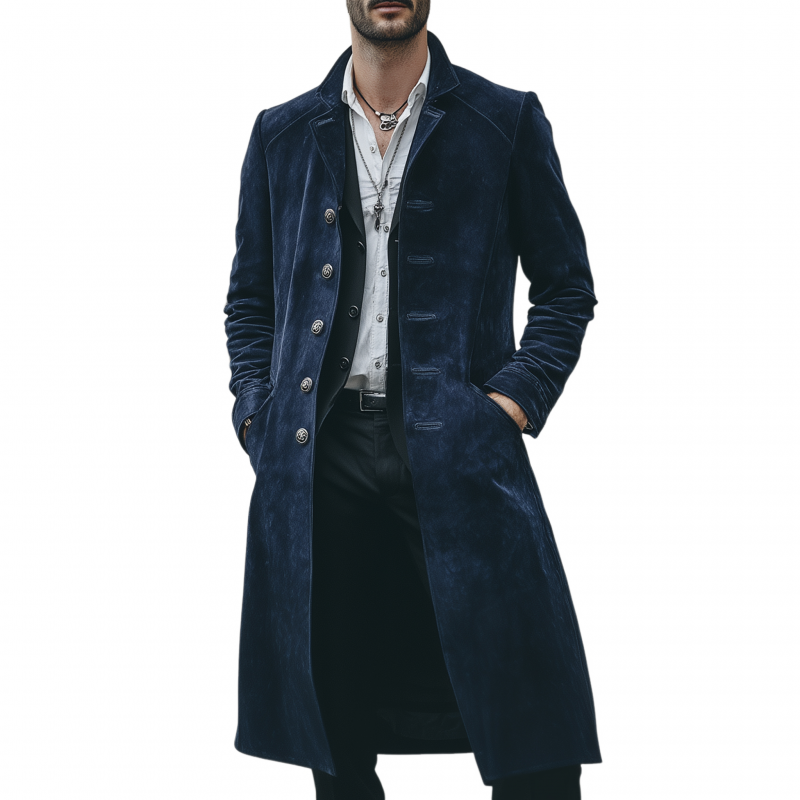 Men's Vintage Elegant Solid Color Suede Lapel Single-Breasted Slim Knee-Length Coat MTA0286H3M