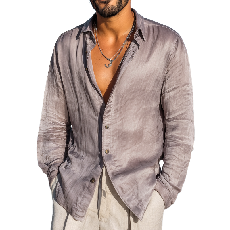 Men's Casual Breathable Solid Color Tencel Blended Lapel Loose Long Sleeve Shirt MTA1132G7M