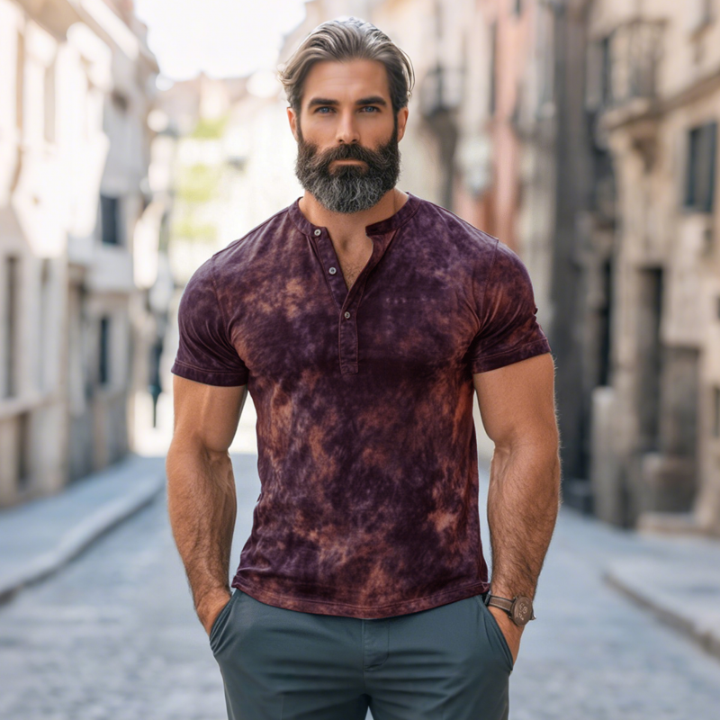 Men's Fashion Tie-Dye Printed Henley Collar Slim Fit Short Sleeve T-Shirt MTA0395G1M