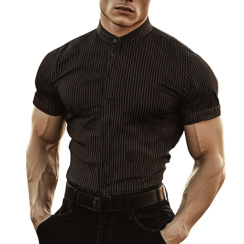Men'S Striped Stand Collar Short Sleeve Cotton Blend Shirt MTA1081E0X