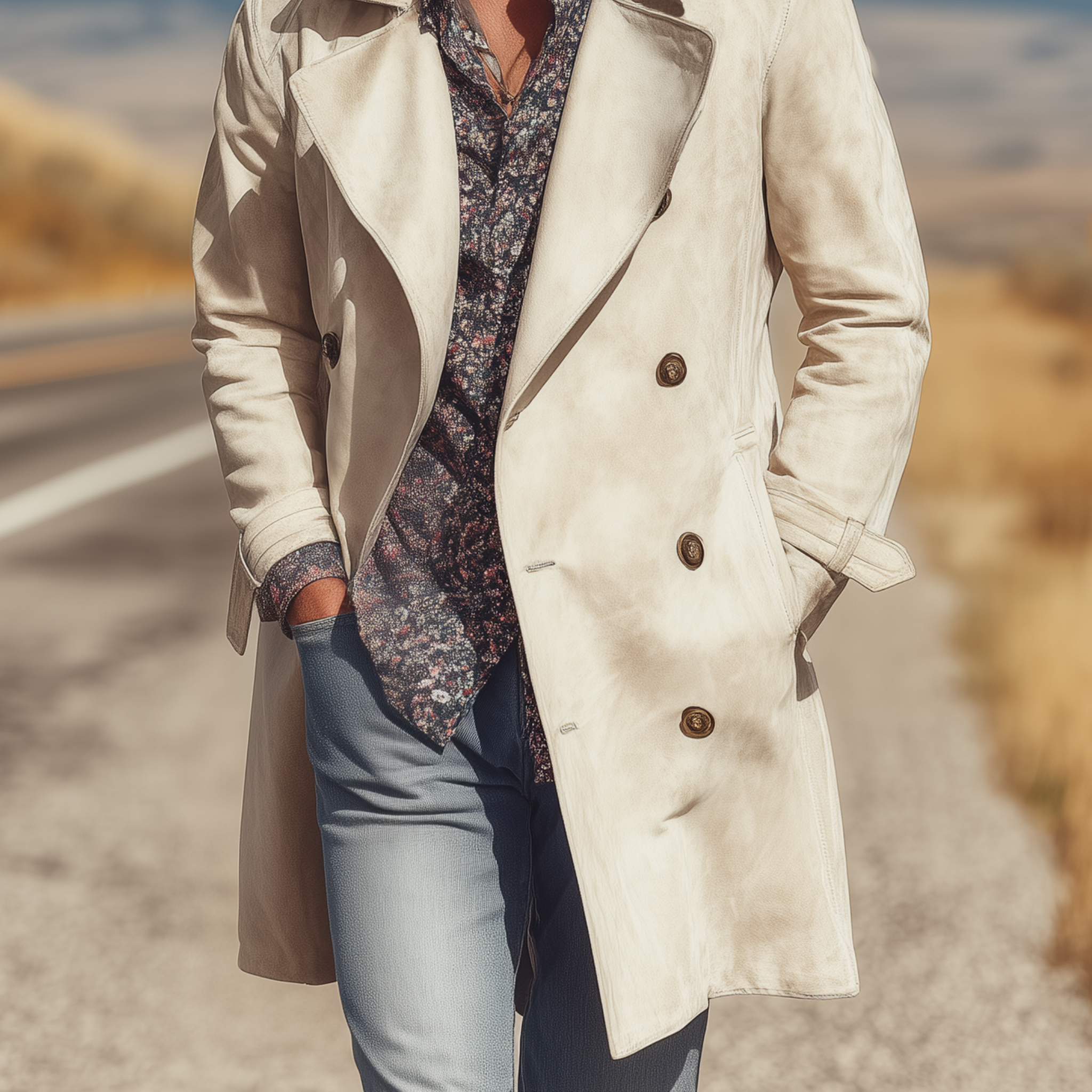 Men's Classic Retro Western Style Double Breasted Lapel Suede Thigh Length Trench Coat MTA1379H5K