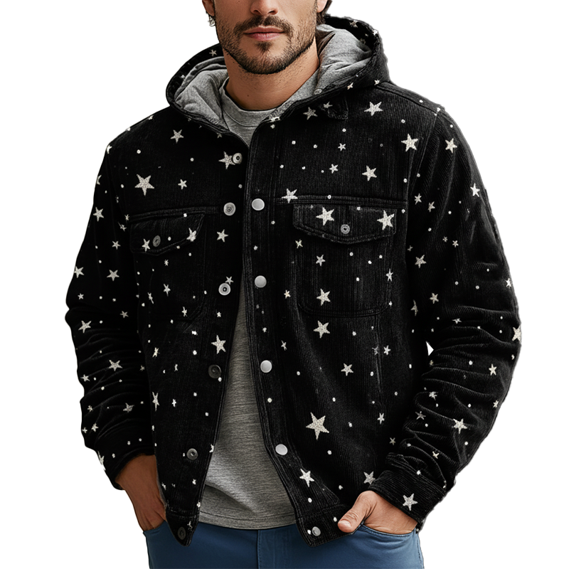 Men's Winter Retro Star Print Velvet Hooded Jacket MTA1085K9P