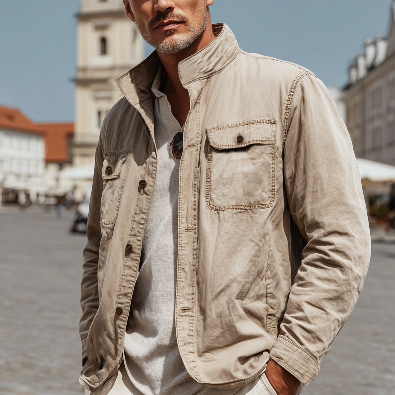 Men's Washed Cotton Stand Collar Button Jacket MTA1595I3U