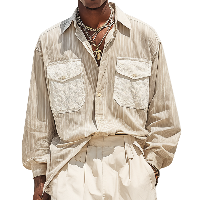 Men's Fashion Breathable Striped Textured Fabric Patchwork Lapel Chest Pocket Loose Long Sleeve Shirt MTA0411G3M
