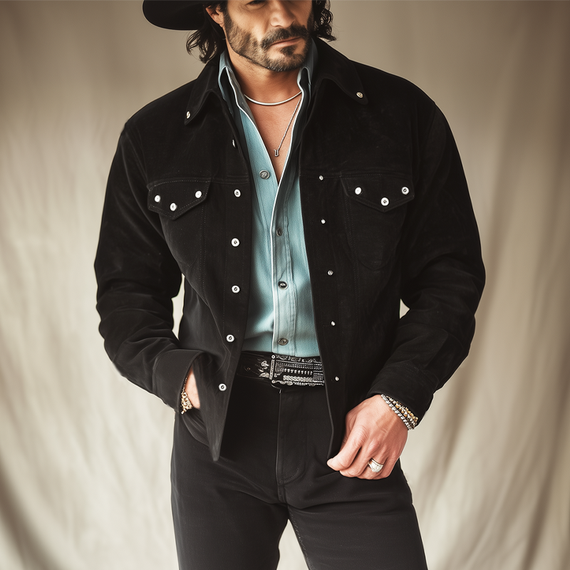 Men's Vintage Classic Black Suede Multi-Button Jacket MTA0757H3U