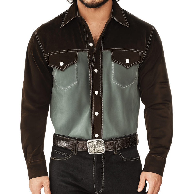 Men's Autumn Retro Colorblock Suede Long Sleeve Shirt MTA0701H0U