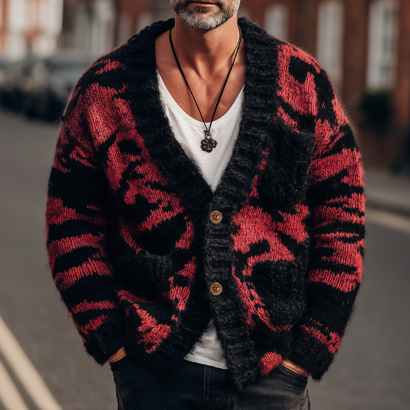 Men's Classic Black And Red Camouflage Two-Button Knit Cardigan MTA2048H0U