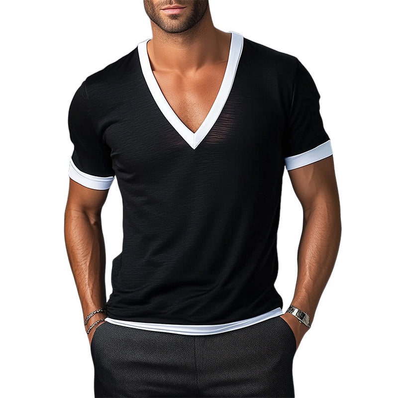 Men's Contrast V-Neck Basic Cotton Blend Short Sleeve T-Shirt MTA2917D2X