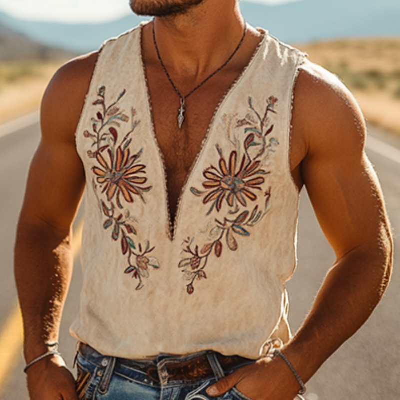 Men's American Western Cowboy Style Suede Embroidered Deep V Neck Tank Top 00494118K