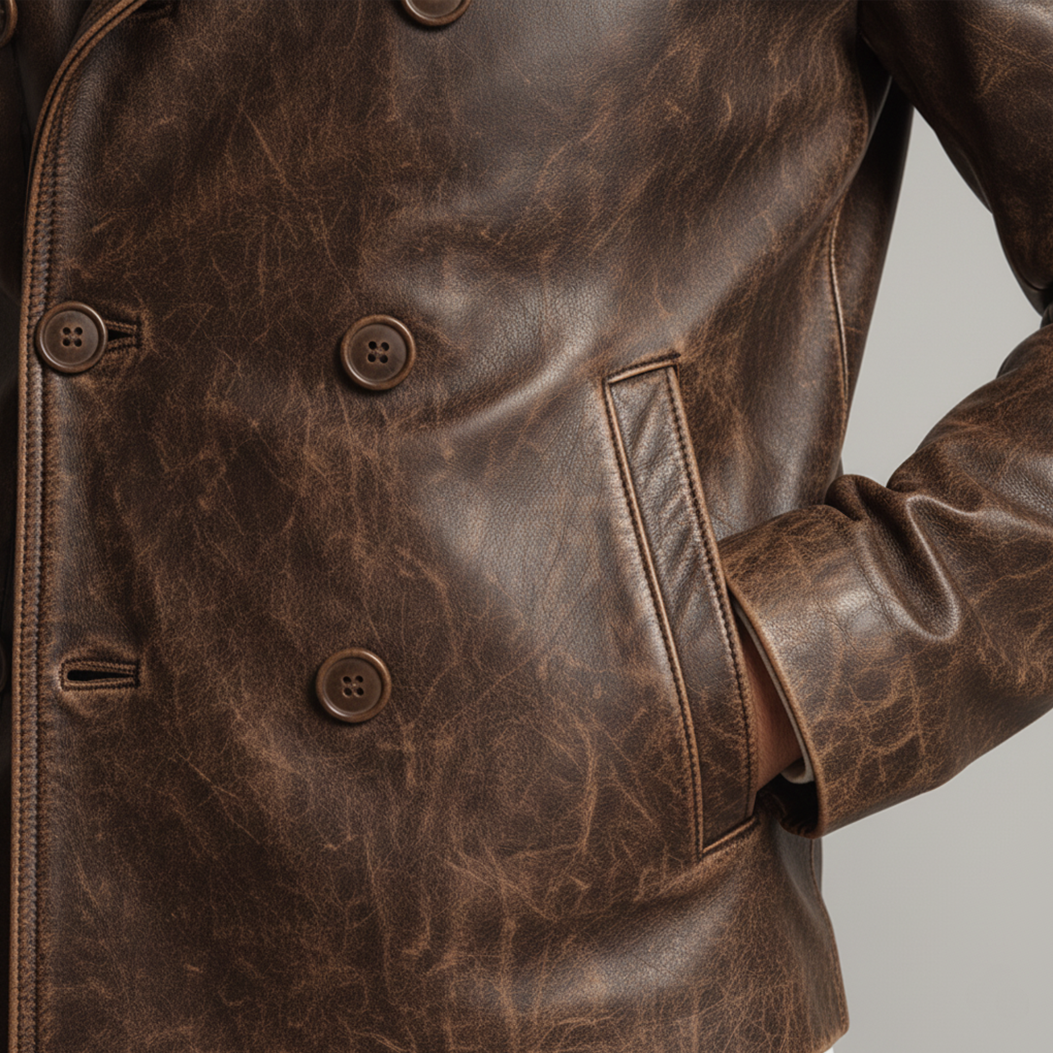 Men's Classic Vintage Distressed Lapel PU Leather Double-breasted Jacket MTA2205J0K