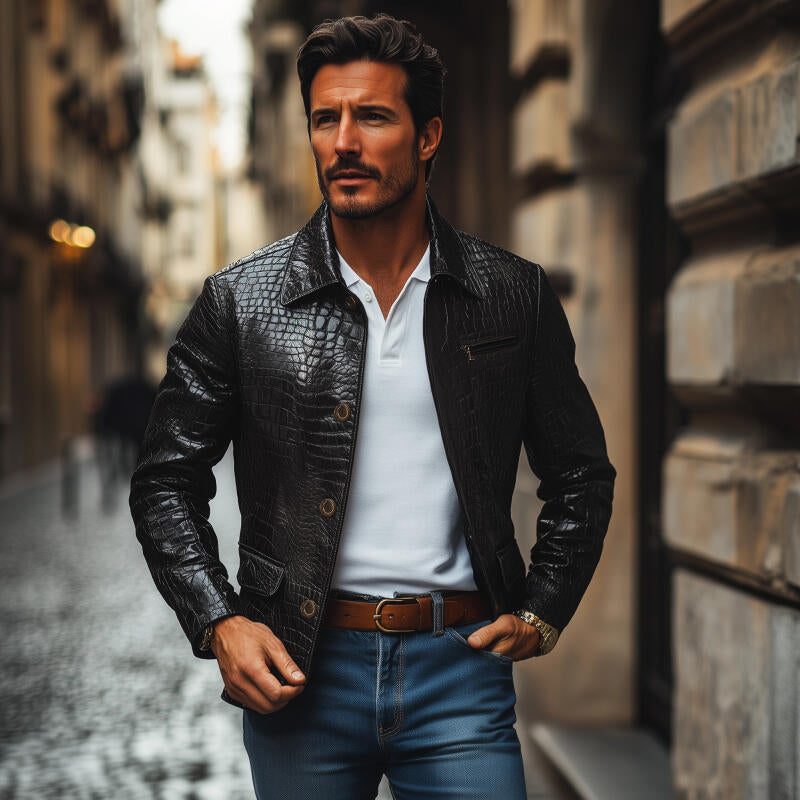 Men's Fashion Vintage Crocodile Pattern PU Lapel Single Breasted Slim Fit Jacket MTA2195H4M