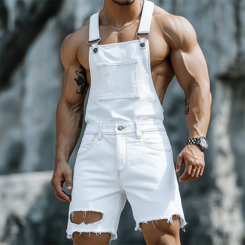 Men's Retro Casual Ripped Denim Bib Shorts MTA0987E0TO